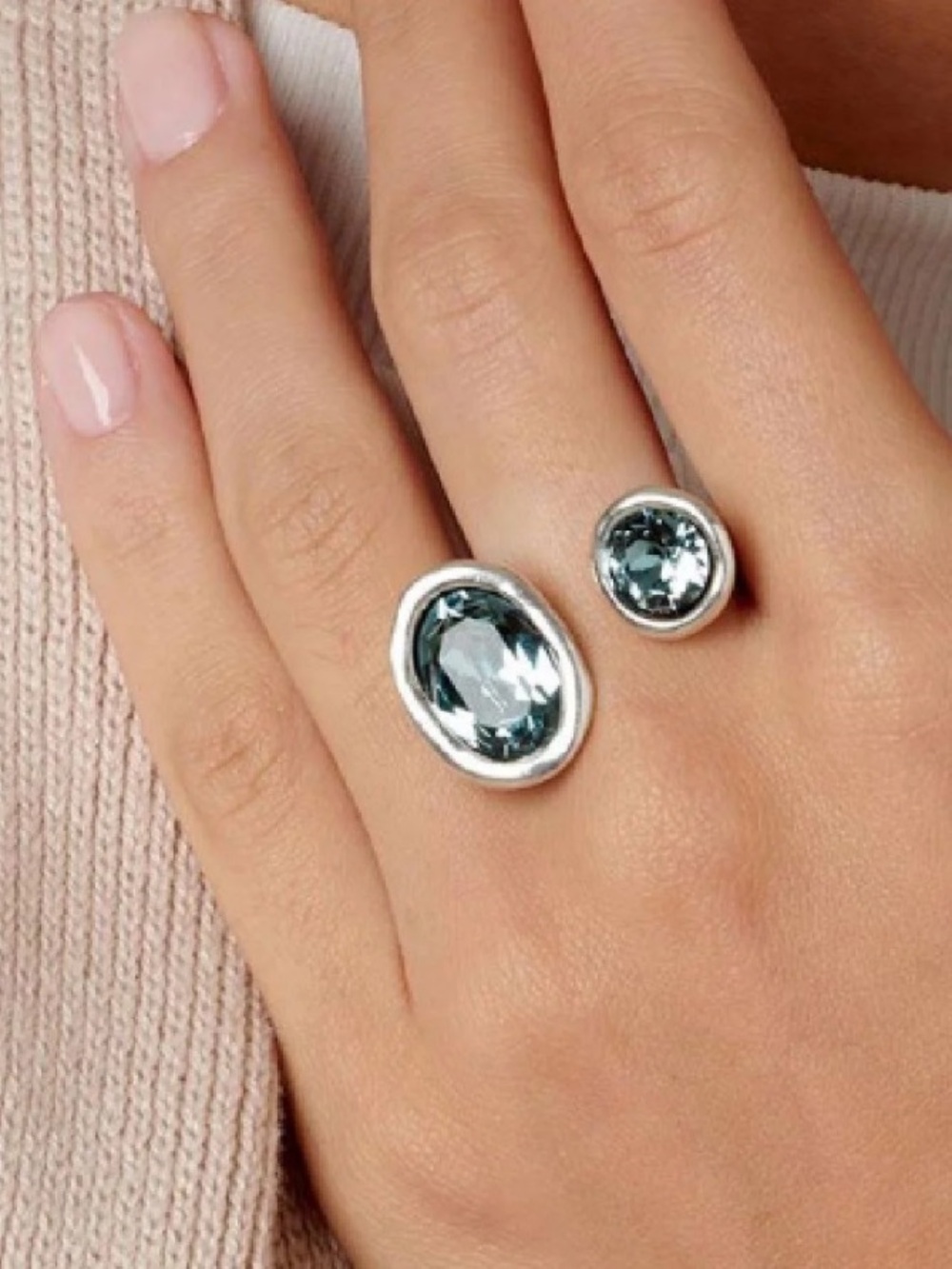 Uno de 50 ring with giant blue Swarovski crystals